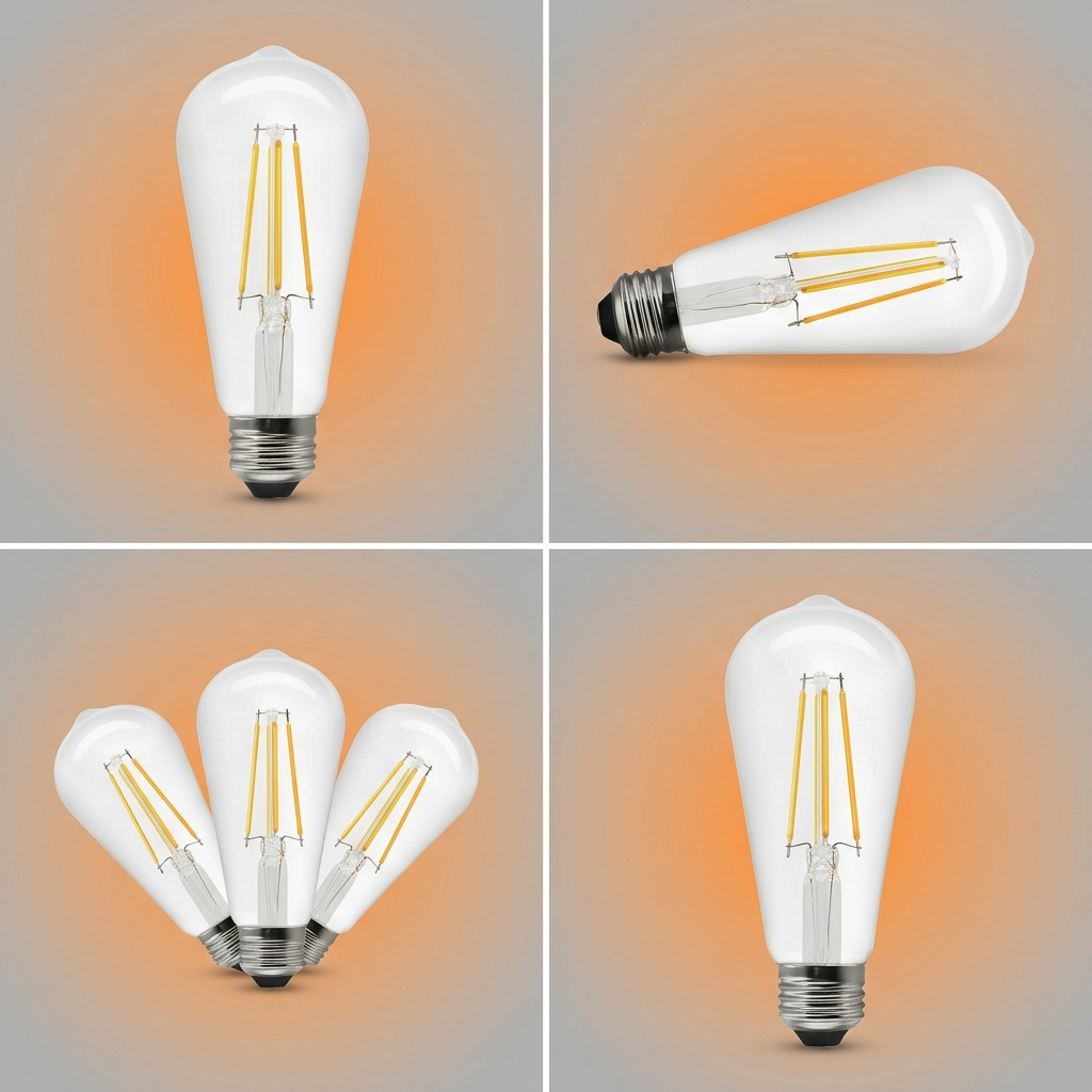 Four-panel grid showing LEDVANCE SMART+ WiFi Filament Clear ST19 bulb from multiple angles and in a 3-pack.
