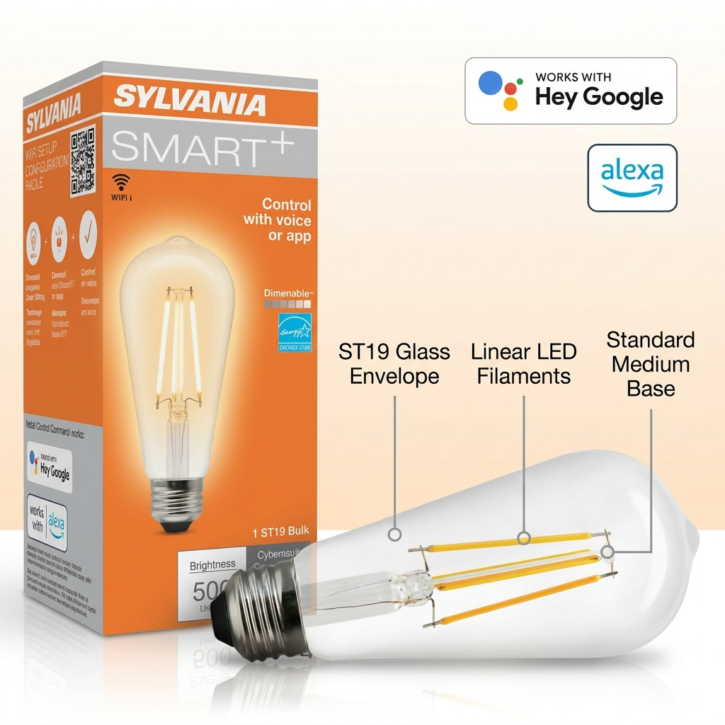 Product graphic featuring the SYLVANIA ST19 smart bulb with feature callouts and smarthome badges.