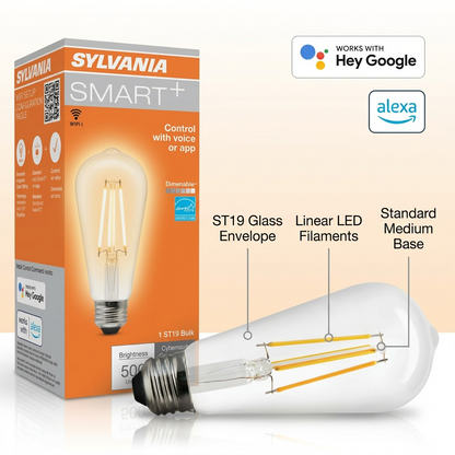 Product graphic featuring the SYLVANIA ST19 smart bulb with feature callouts and smarthome badges.