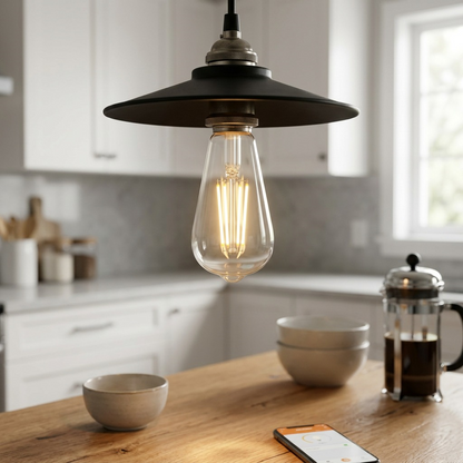 Lifestyle image demonstrating the Sylvania SMART+ ST19 smart bulb in an industrial-style pendant light, emitting warm, dimmable light to a rustic kitchen counter.