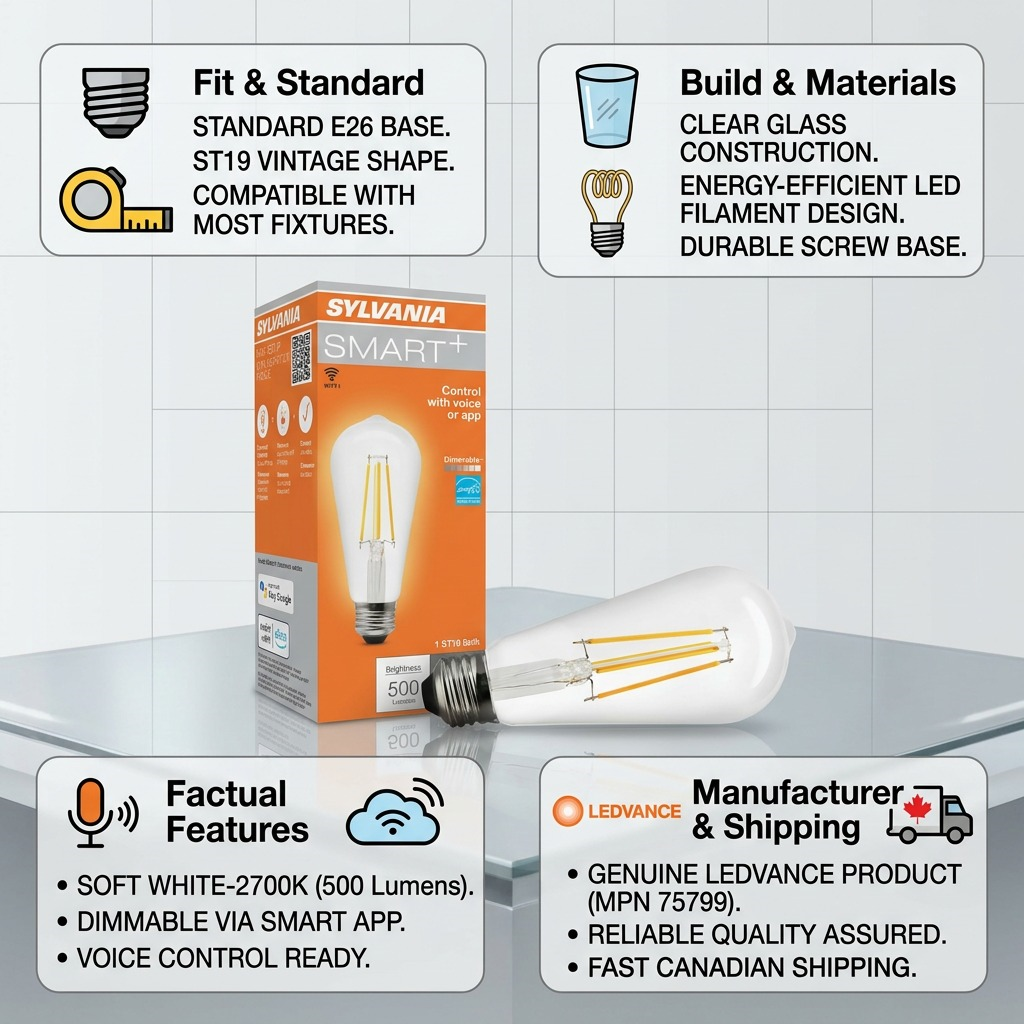 Infographic matrix for Sylvania SMART+ LED bulb with specs, build details, and Canadian shipping info.