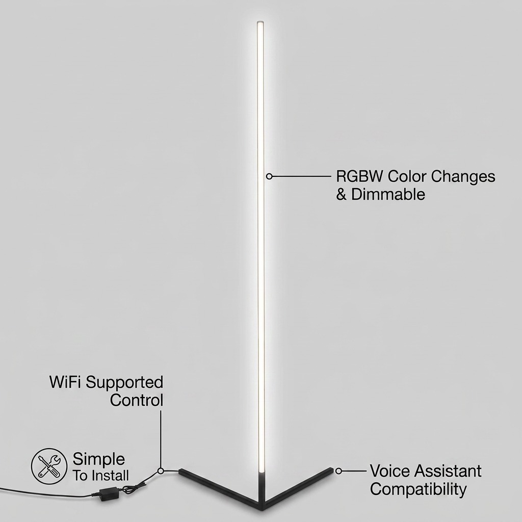 A feature comparison graphic for the LEDVANCE SMART+ WiFi Corner Lamp with callouts for RGBW Color, WiFi, simple installation, and voice compatibility.