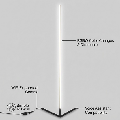 A feature comparison graphic for the LEDVANCE SMART+ WiFi Corner Lamp with callouts for RGBW Color, WiFi, simple installation, and voice compatibility.