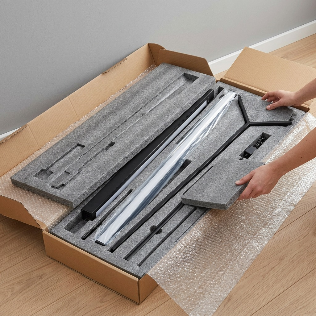 Unboxing sequence with protected components of the LEDVANCE SMART+ WiFi Corner Lamp (75820).