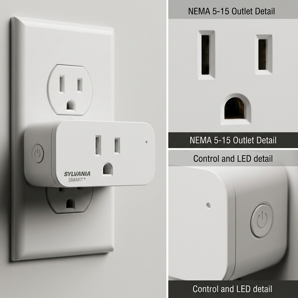 Extreme close-up of a SYLVANIA SMART+ WiFi Plug focusing on the NEMA 5-15 receptacle, side power button, and status LED.
