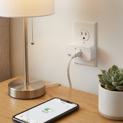 A detailed, close-up photograph showing a white Sylvania SMART+ Wi-Fi plug (MPN 75702) inserted into a standard wall outlet in a home setting. A desk lamp power cord is plugged into it. The scene has natural lighting from a nearby window. On a clean desk surface with a potted succulent and a book, a smartphone screen visibly shows an app with a control option for the plug. The plug maintains all canonical visual details.