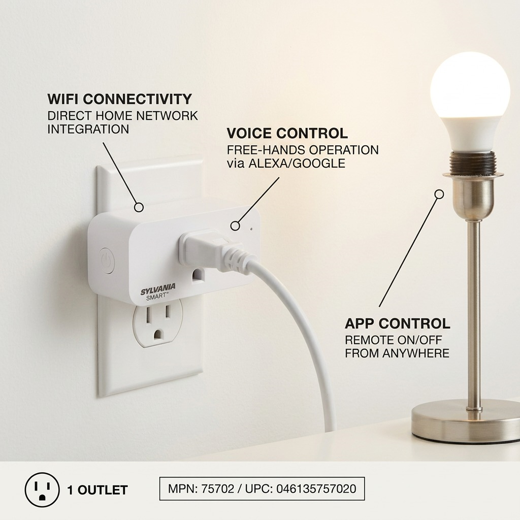 Operational callout graphic for Sylvania SMART+ WiFi Plug with voice/app control and 1 outlet.