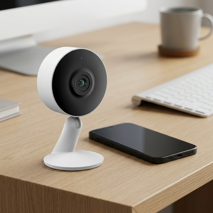 A visual scale comparison showing the LEDVANCE Smart+ WiFi Indoor Camera standing next to a smartphone.