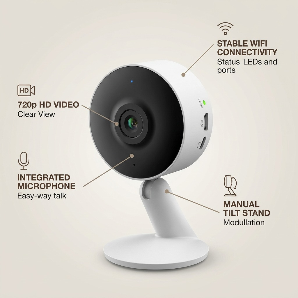 LEDVANCE SMART+ WiFi Indoor Camera visualized with technical feature callouts and sleek pointers for a product page graphic.