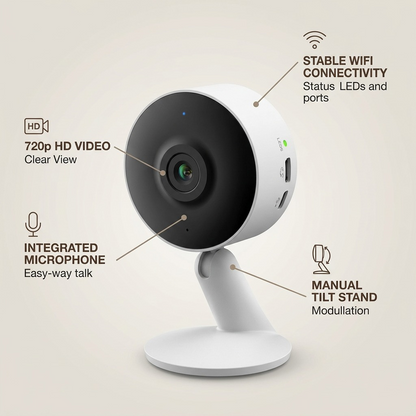 LEDVANCE SMART+ WiFi Indoor Camera visualized with technical feature callouts and sleek pointers for a product page graphic.