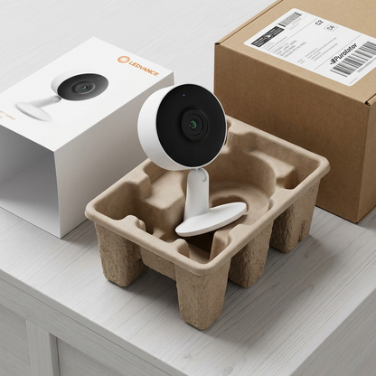 A premium, secure unboxing experience of the LEDVANCE SMART+ WiFi Indoor Camera in protective packaging.