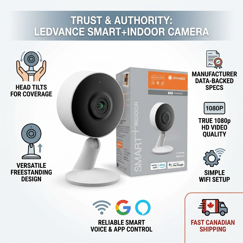 Infographic matrix detailing trust in the LEDVANCE Smart+ Indoor Camera with product facts and icons.