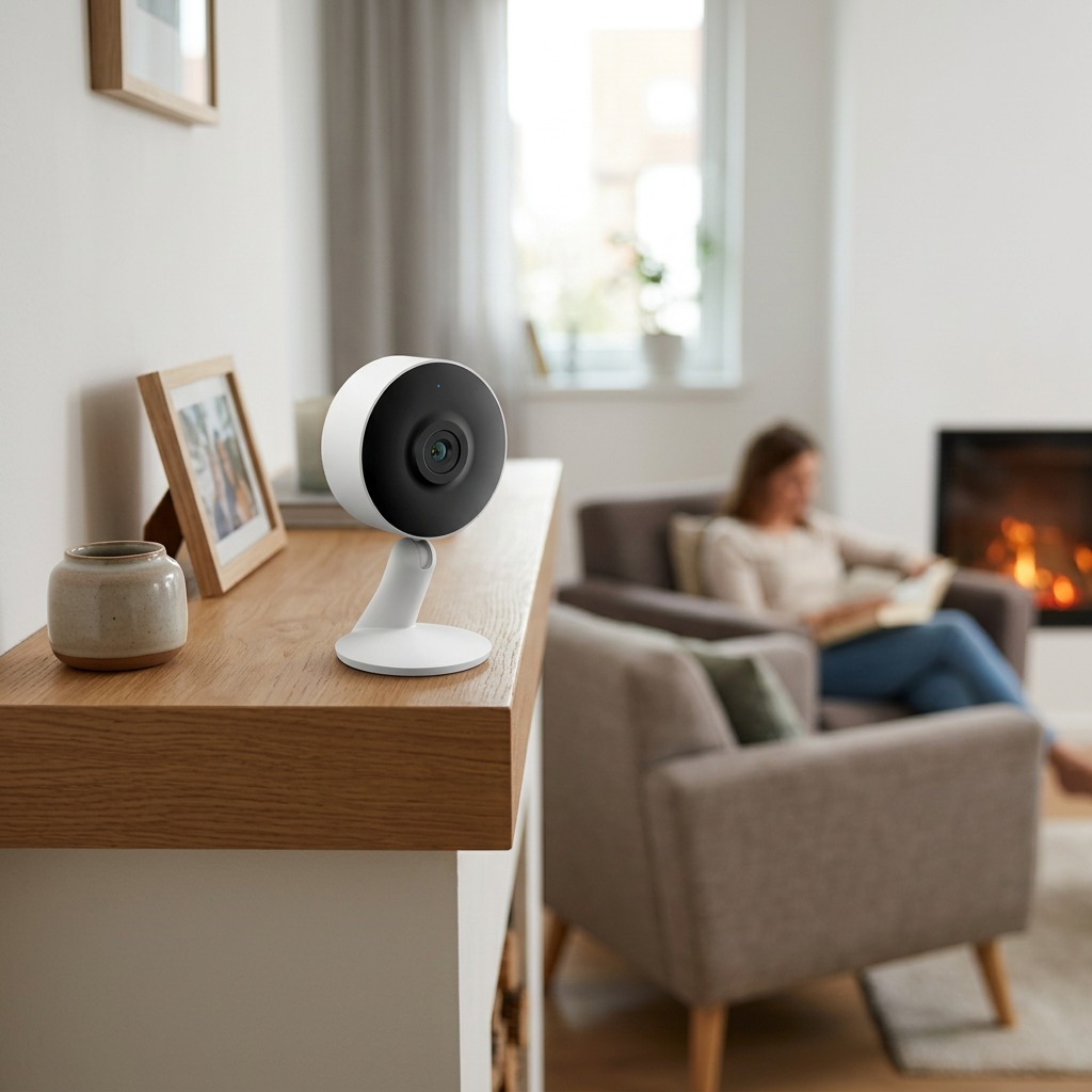 A close-up photograph of the LEDVANCE SMART+ WiFi Indoor Camera placed on a wooden mantle shelf.