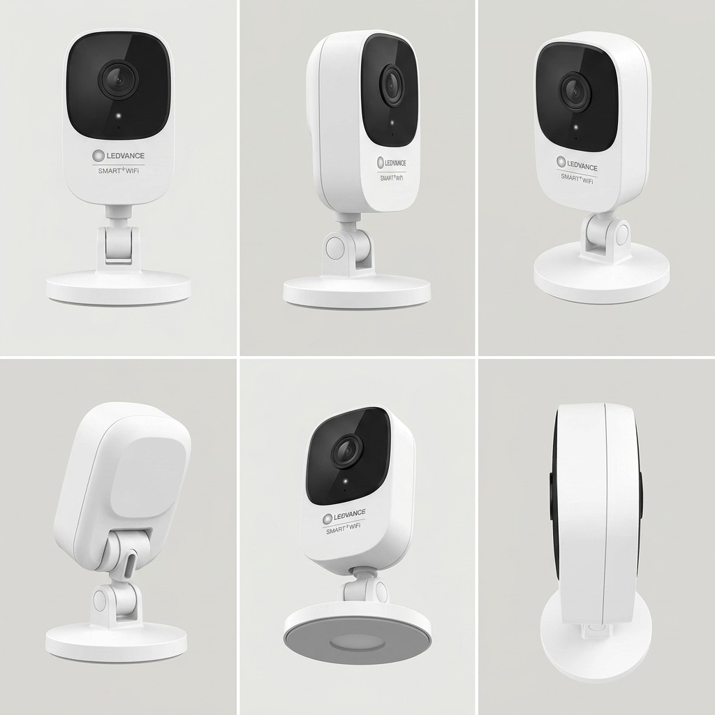 Multi-angle view: A premium e-commerce matrix displaying the LEDVANCE SMART+ camera from front, side, angled, and overhead angles.