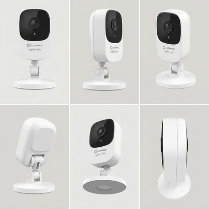 Multi-angle view: A premium e-commerce matrix displaying the LEDVANCE SMART+ camera from front, side, angled, and overhead angles.
