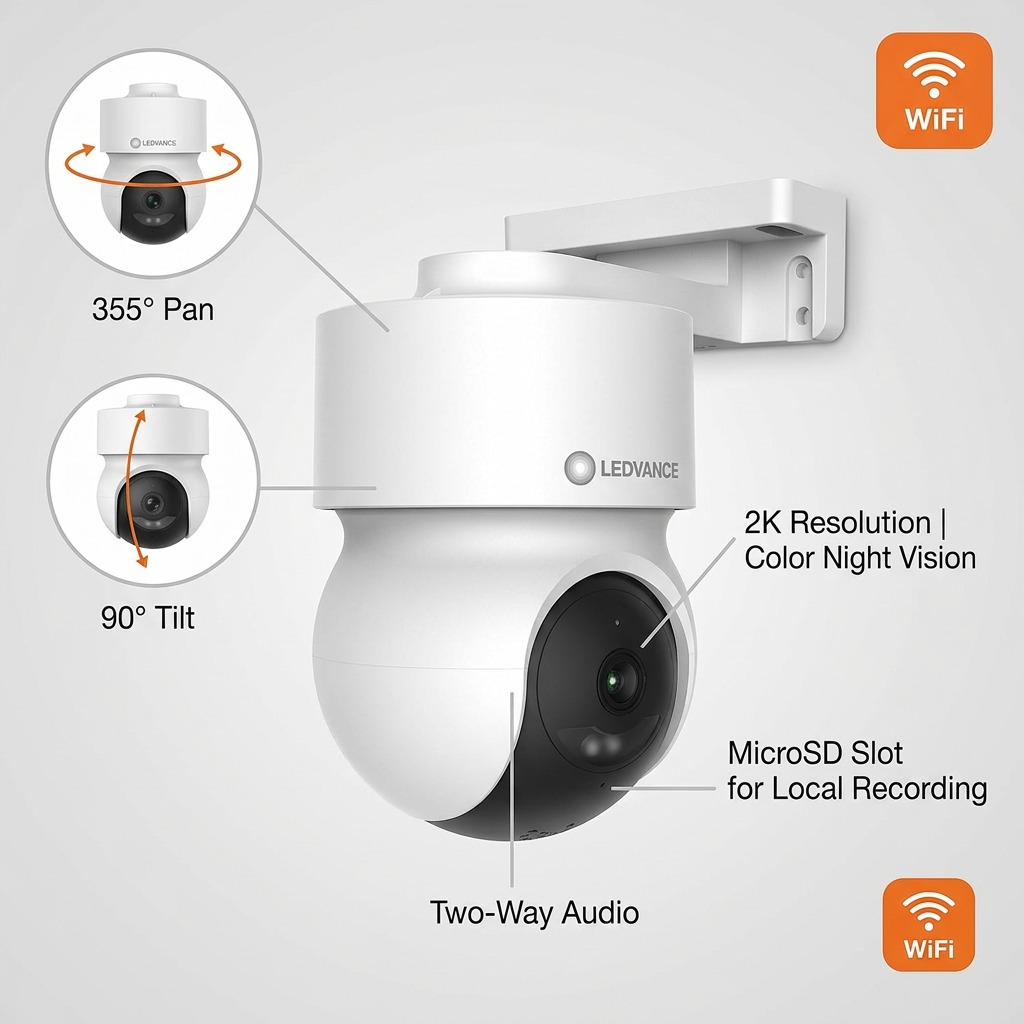 Ecommerce feature callout for LEDVANCE camera listing pan, tilt, 2K/Color Night Vision, mic, micro SD slot, and Wi-Fi capability.
