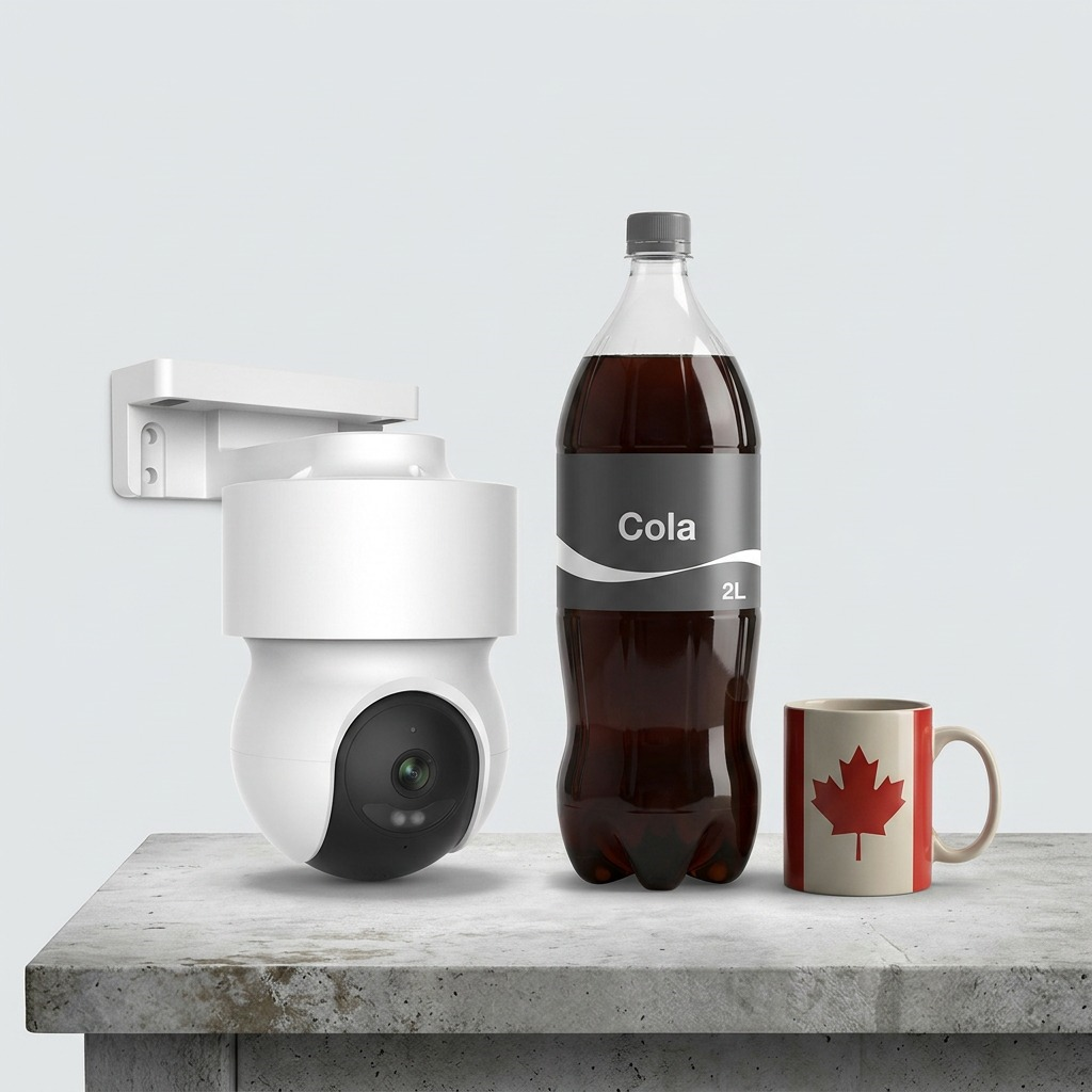 A photorealistic image of the LEDVANCE SMART+ WiFi Outdoor Pan & Tilt Camera (image_0.png) shown in a side-by-side scale comparison next to a standard 2-liter soda bottle and a common ceramic mug on a concrete table. The lighting is clean and realistic. (117 characters)
