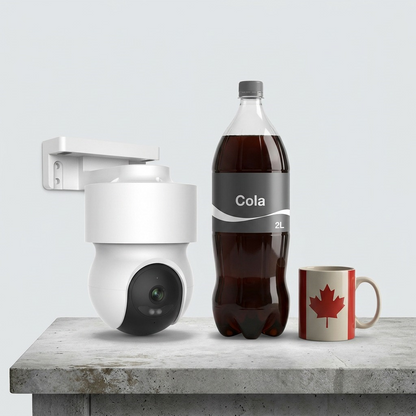 A photorealistic image of the LEDVANCE SMART+ WiFi Outdoor Pan & Tilt Camera (image_0.png) shown in a side-by-side scale comparison next to a standard 2-liter soda bottle and a common ceramic mug on a concrete table. The lighting is clean and realistic. (117 characters)