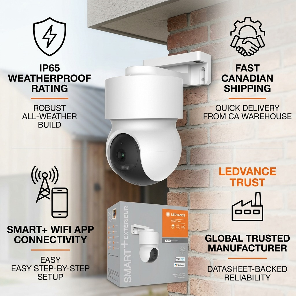 An ecommerce trust infographic for the LEDVANCE camera, detailing its features and global manufacturer reliability.
