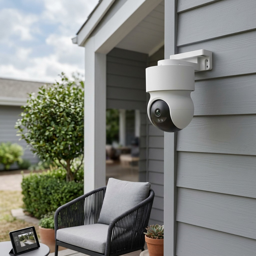 White outdoor pan & tilt smart camera unboxed, mounted on grey wood siding near a patio. Natural daylight, realistic scale, no packaging.