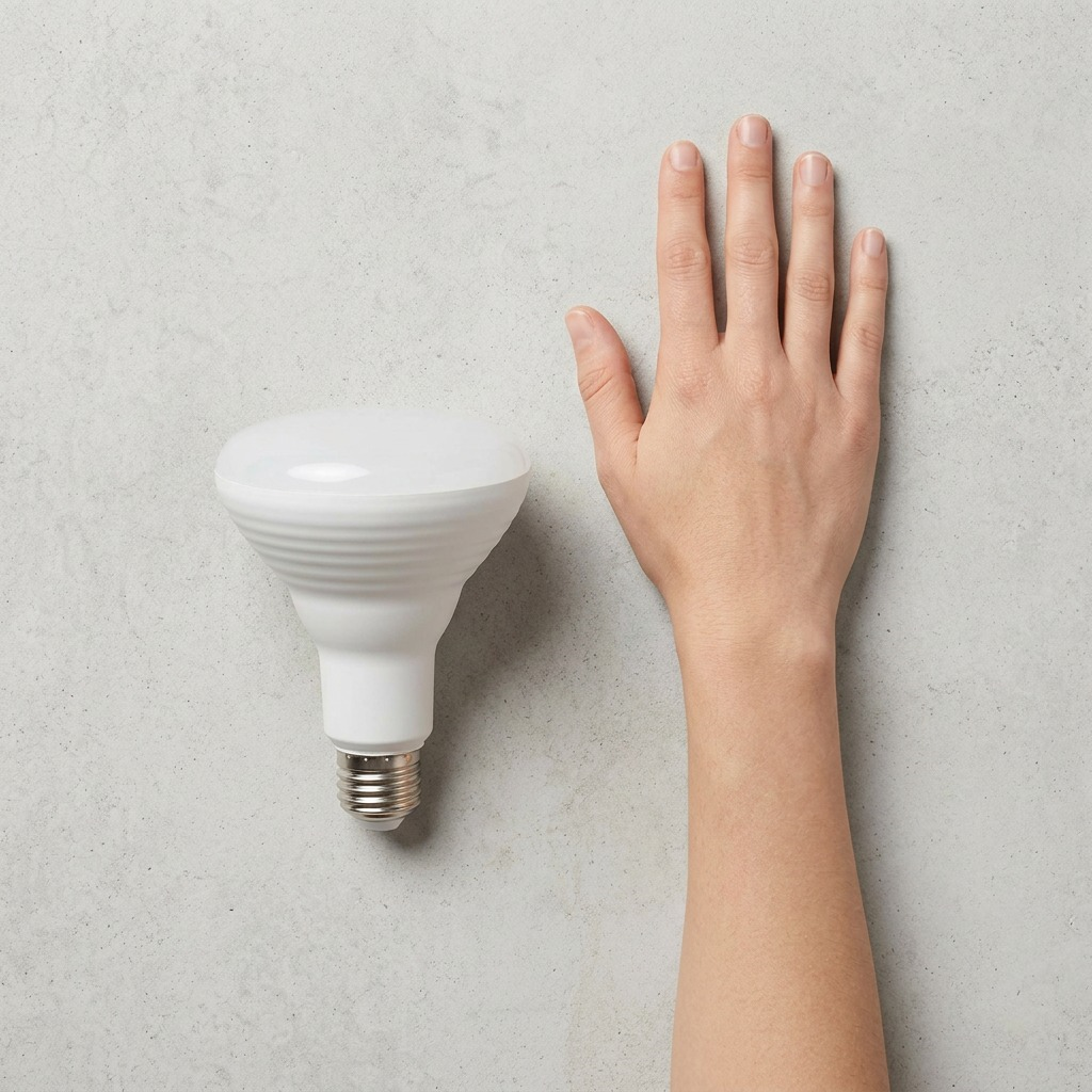 A close-up shot of the LEDVANCE smart bulb next to a person's hand, illustrating its real-world hand-held size.