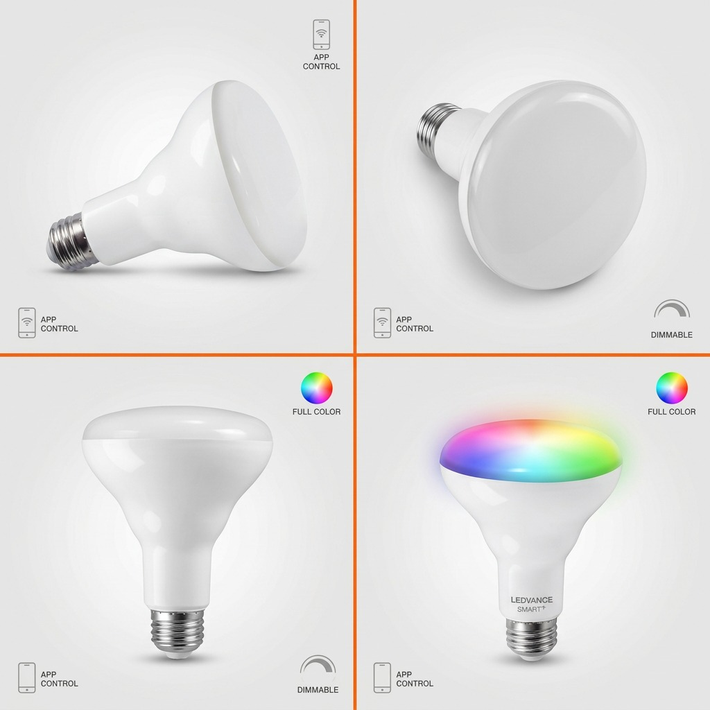 A clean, professional 2x2 ecommerce grid showing multiple angles of the LEDVANCE smart lamp product.