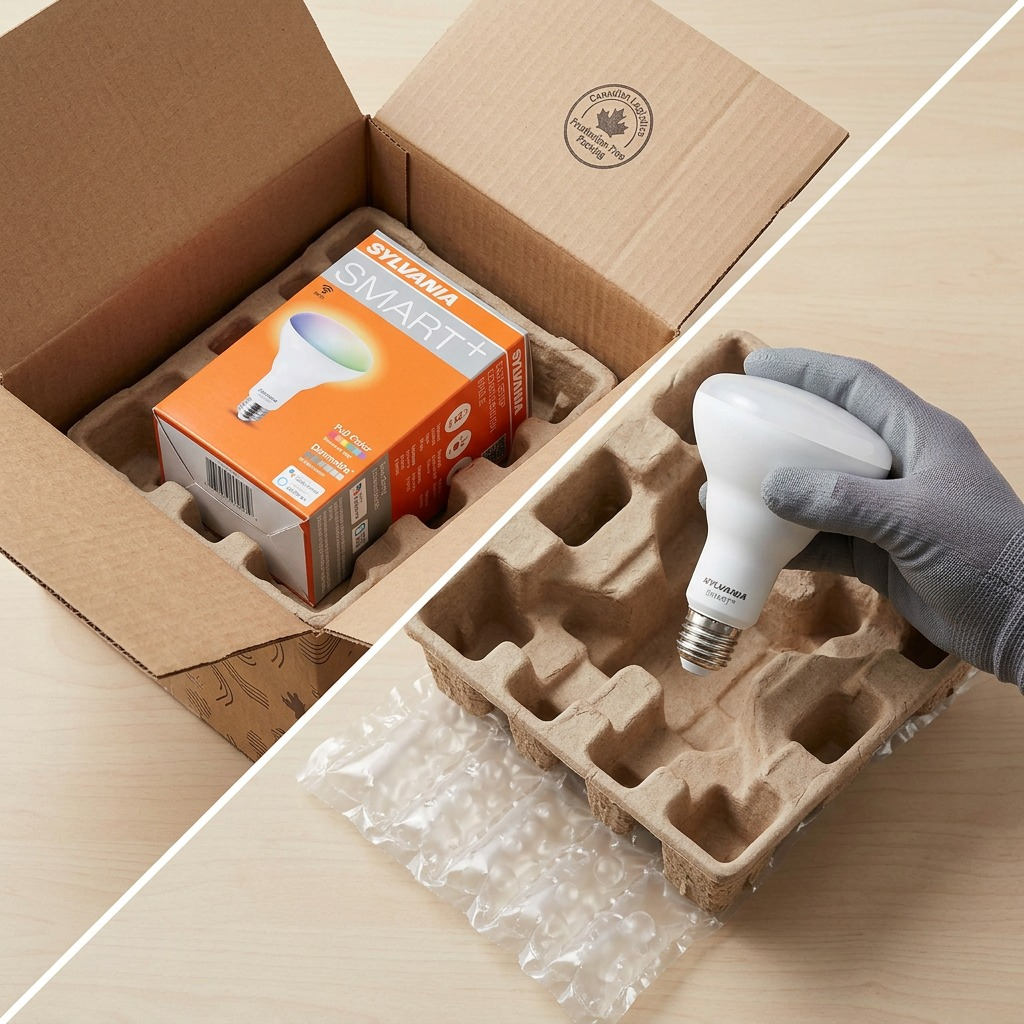 Unboxing shot: A smart LED bulb in its premium retail box, resting safely on shipping forms.