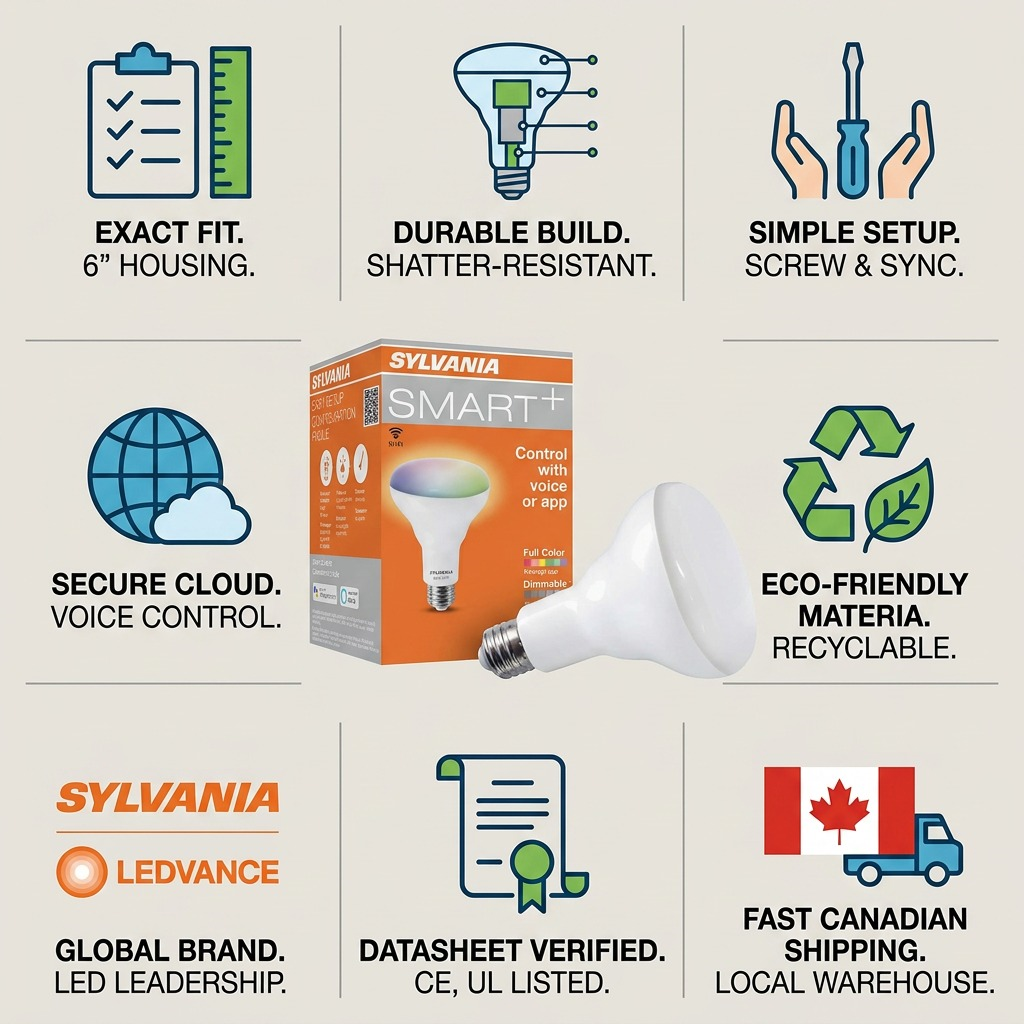 A trust and authority visual matrix infographic for Sylvania Smart+ 75665 R30 bulb.