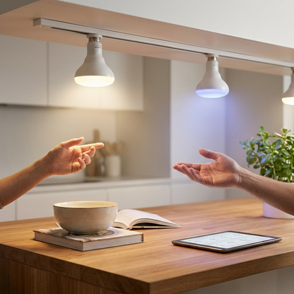 Sylvania smart bulbs installed dynamically in kitchen lighting.