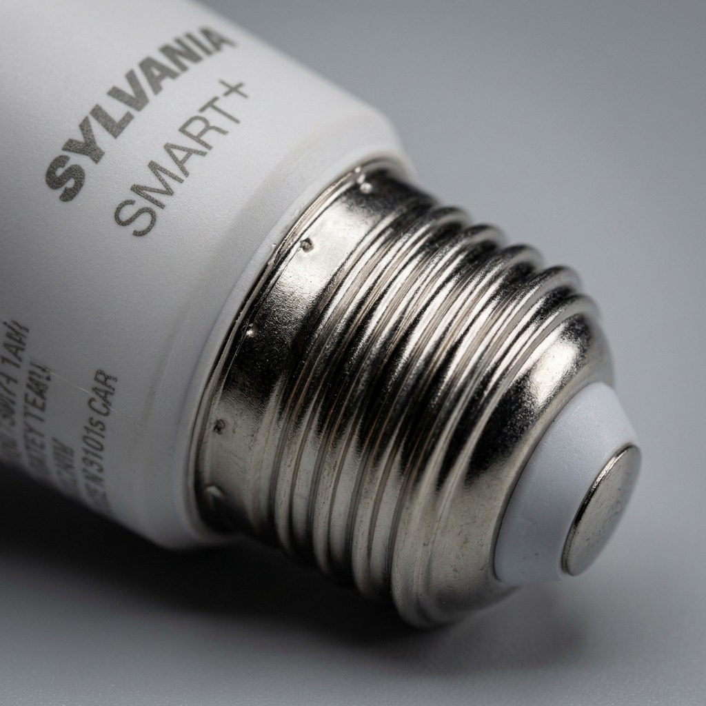Extreme macro photograph showing the high-quality, threaded metal base of an LEDVANCE SMART+ WiFi LED lamp. The image focuses on the intricate screw threads, the central contact point with a precise solder joint, and the texture of the plastic base meeting the metal. The high focus on these details demonstrates reliable build quality, essential for building trust among online purchasers before buying.