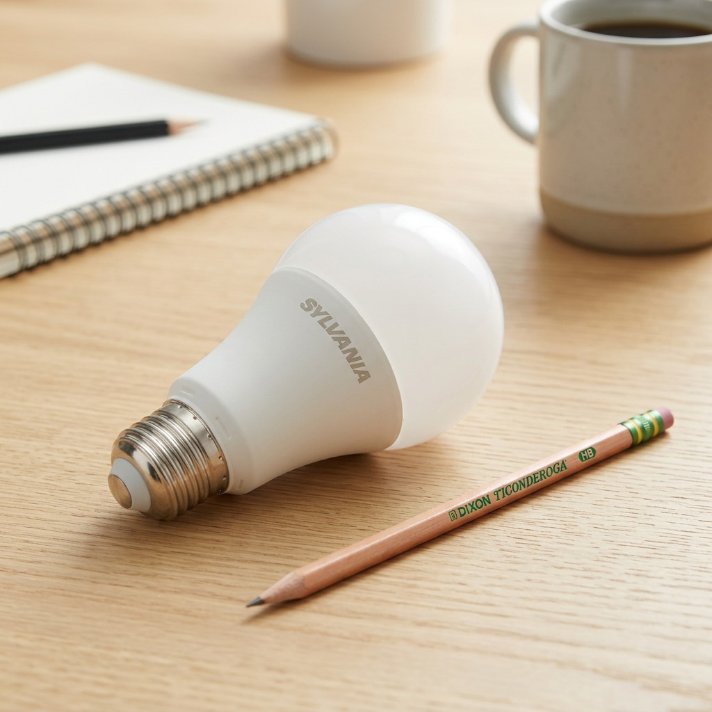 A SYLVANIA Smart+ A19 bulb lying on a desk next to a sharpened pencil, providing a scale reference.