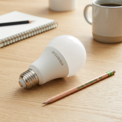 A SYLVANIA Smart+ A19 bulb lying on a desk next to a sharpened pencil, providing a scale reference.