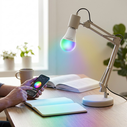 Adjusting a colorful SMART+ LED bulb in a lamp with a phone app.