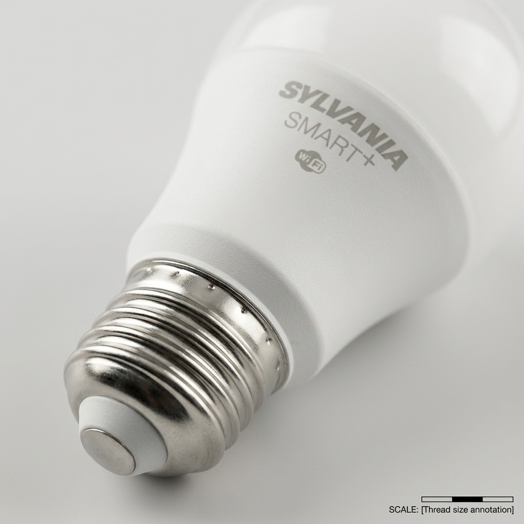 A detailed macro photograph showing the precise SYLVANIA SMART+ laser marking and the fine threads of the metal Edison screw base on the smart bulb.