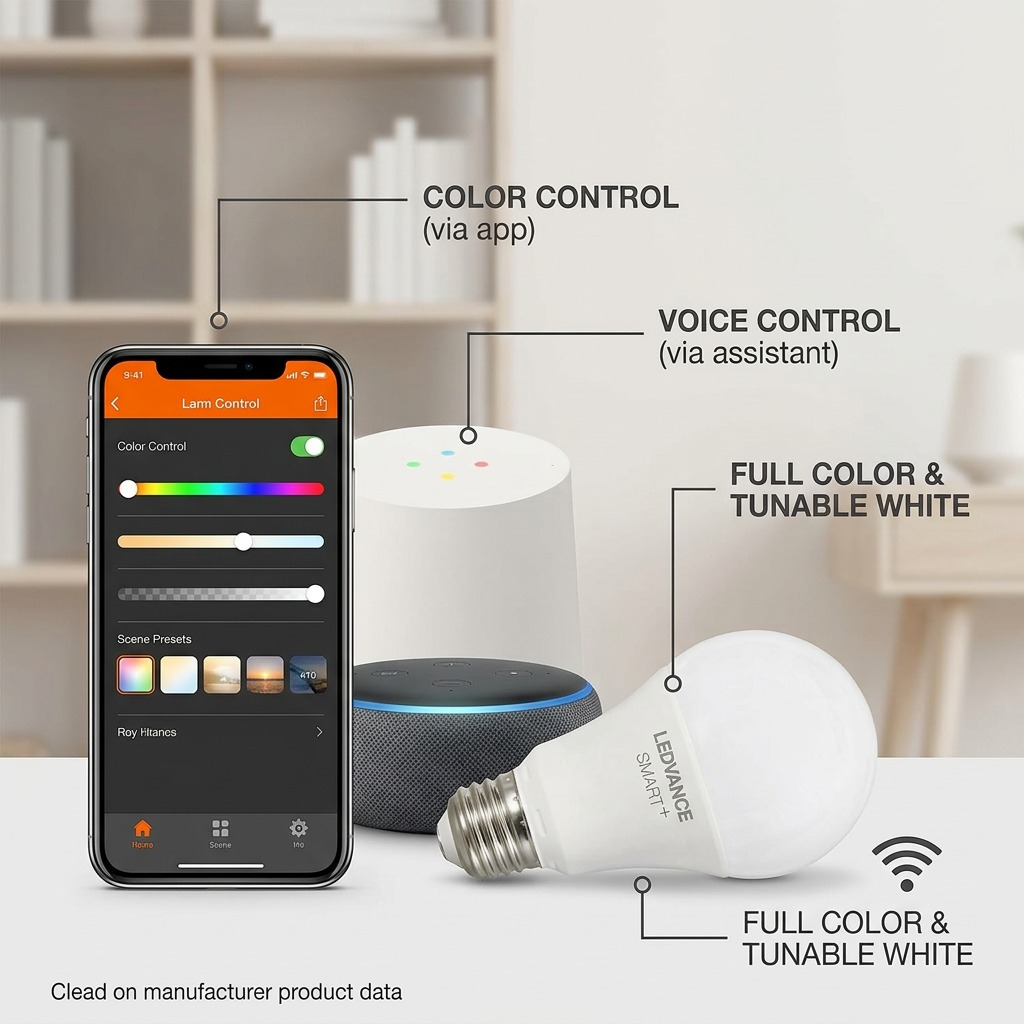 LEDVANCE SMART+ WiFi A19 Lamp with pointers to app, voice control, and full color & tunable white capabilities.
