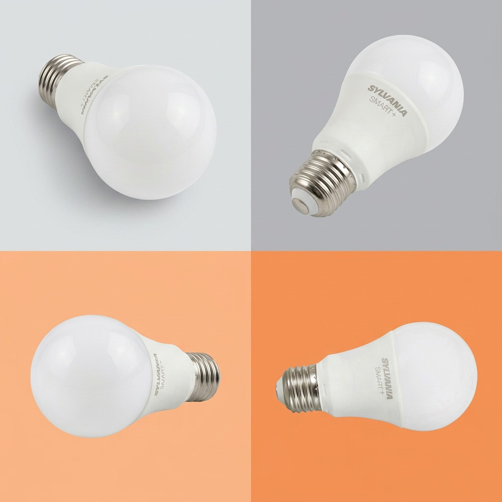 PDP visual matrix: A clean 2x2 grid displaying the LEDVANCE SMART+ WiFi Full Color light bulb from four different strategic angles (downward, upward, top-down, and direct side view) in a premium ecommerce style.
