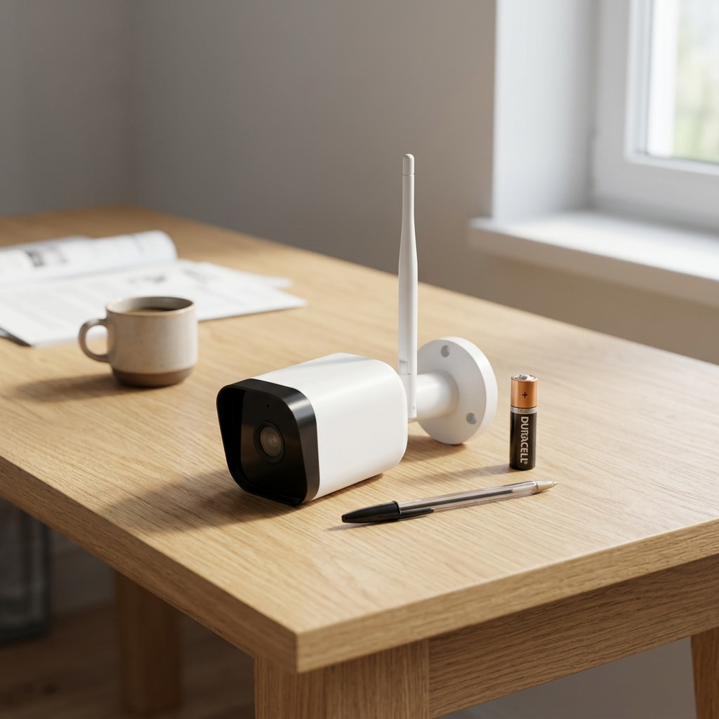 A photorealistic scene showing the LEDVANCE camera (MQGLZ2WP3ZQMUK88H5TT) on a desk next to a standard AA battery for scale.
