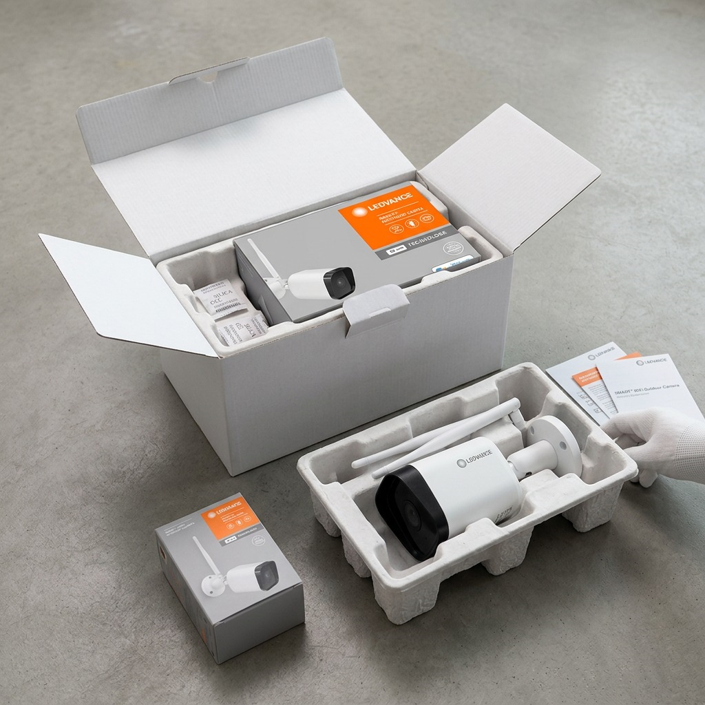 A premium unboxing view showing the LEDVANCE SMART+ WiFi Outdoor Camera and retail box in molded pulp.