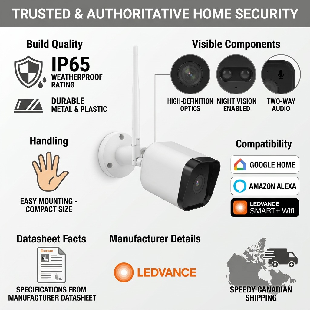 LEDVANCE Smart+ WiFi Outdoor Camera infographic detailing key features and shipping information.