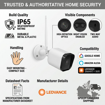 LEDVANCE Smart+ WiFi Outdoor Camera infographic detailing key features and shipping information.