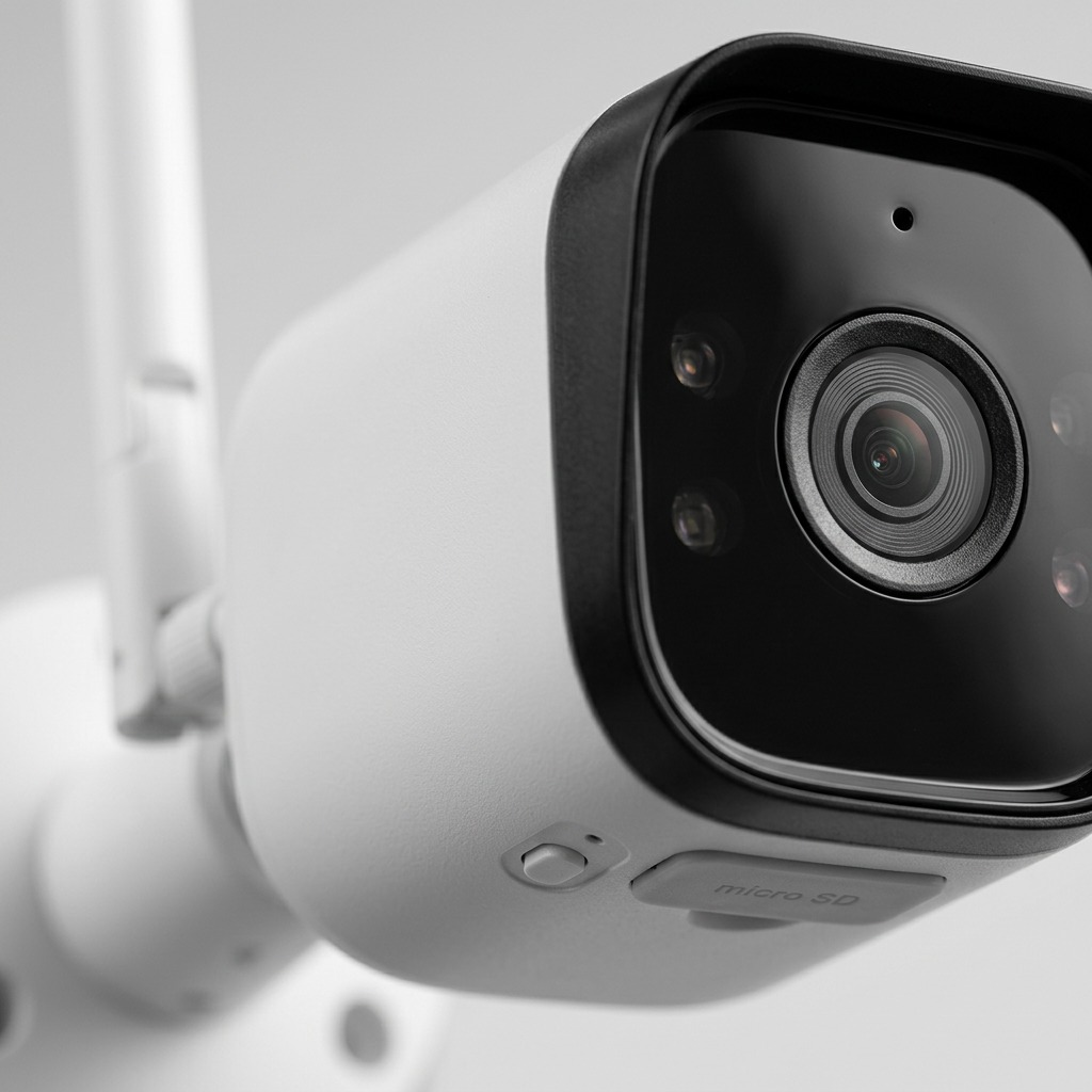Macro detail photo highlights the lens and infrared LEDs on the LEDVANCE Smart+ WiFi outdoor camera.