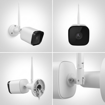 A four-panel grid matrix showcasing the same white smart outdoor security camera from multiple view angles.