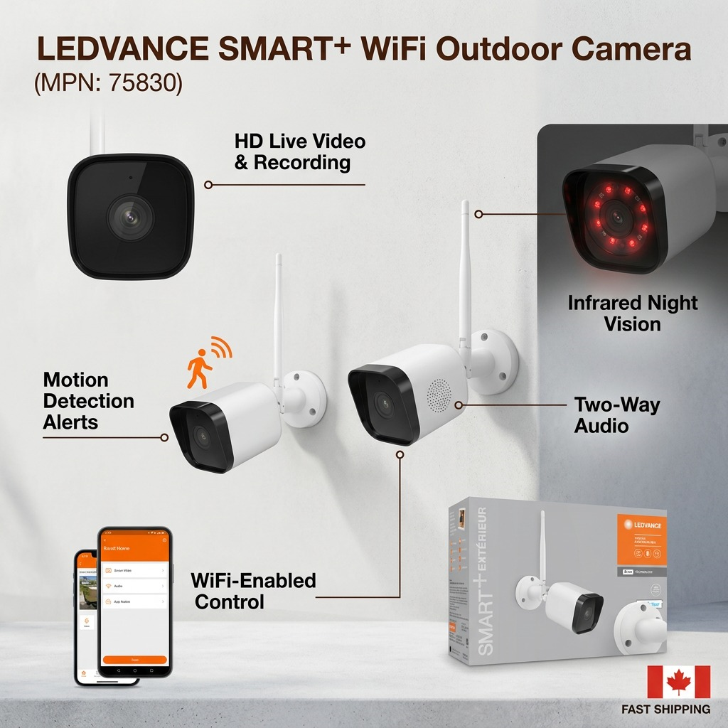 Feature infographic for LEDVANCE SMART+ WiFi Outdoor Camera, MPN 75830, with key function callouts.