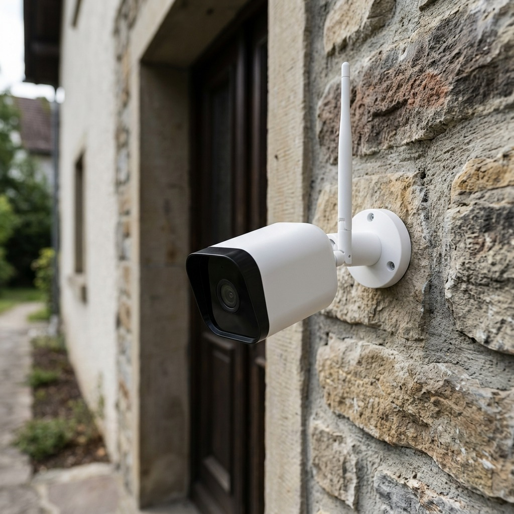 LEDVANCE SMART+ WiFi Outdoor Camera mounted on rustic stone wall with a blurred path.