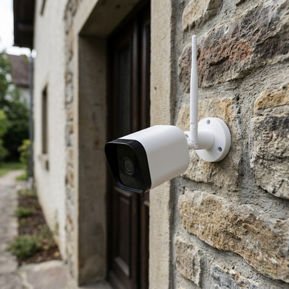 LEDVANCE SMART+ WiFi Outdoor Camera mounted on rustic stone wall with a blurred path.