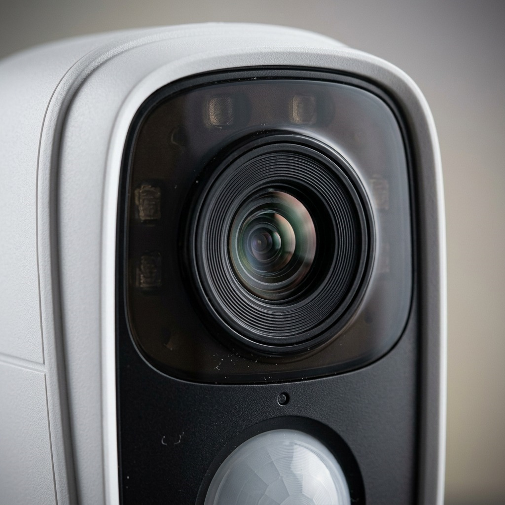 Macro photograph focusing sharply on the lens of the LEDVANCE 75829 outdoor camera detailing precision glass and surrounding infrared LEDs.