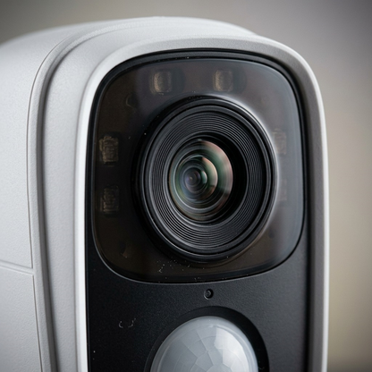 Macro photograph focusing sharply on the lens of the LEDVANCE 75829 outdoor camera detailing precision glass and surrounding infrared LEDs.
