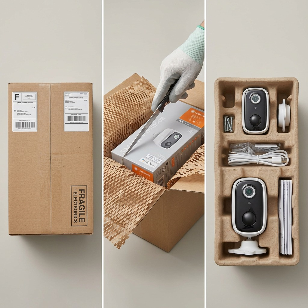 Unboxing sequence, showing LEDVANCE SMART+ Outdoor Camera nestled securely within protective retail packaging and a shipping carton.
