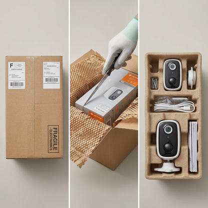 Unboxing sequence, showing LEDVANCE SMART+ Outdoor Camera nestled securely within protective retail packaging and a shipping carton.