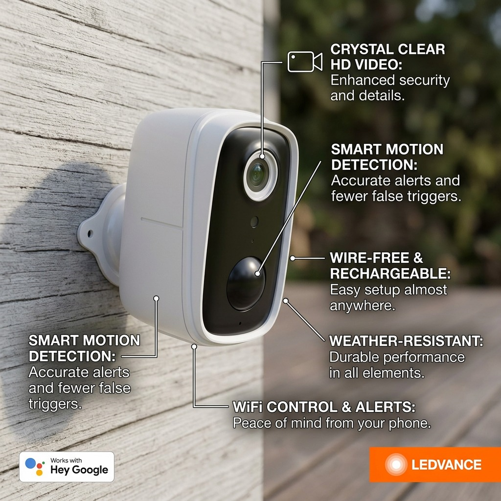 LEDVANCE SMART+ WiFi Outdoor Battery Camera with feature callout labels in an outdoor setting.